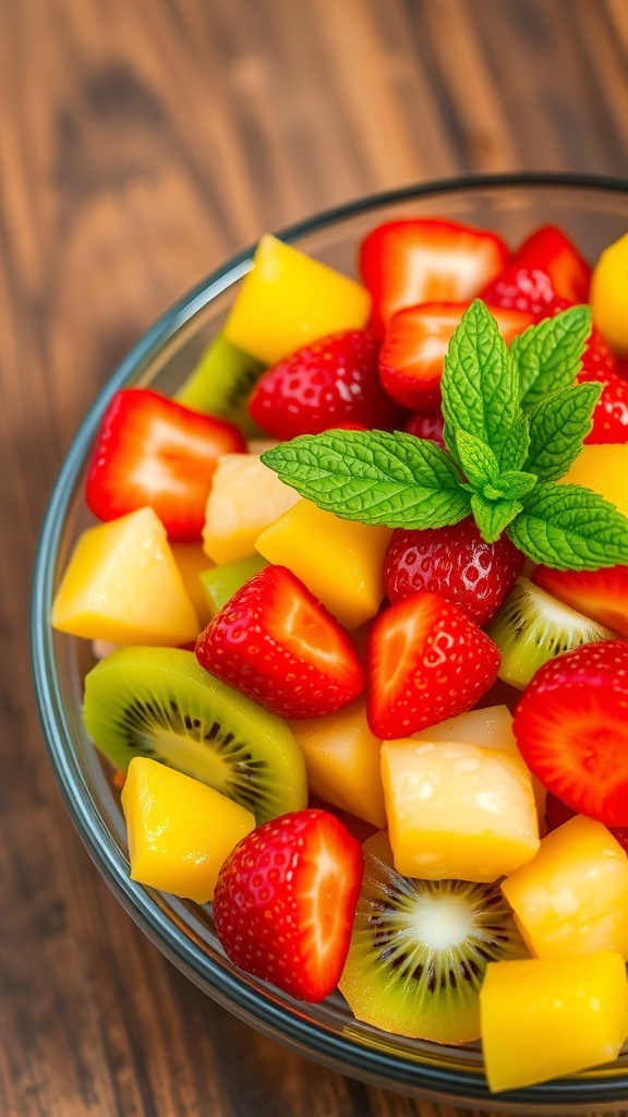 A vibrant bowl of fruit salad with strawberries, kiwi, pineapple, and mint on a wooden table.